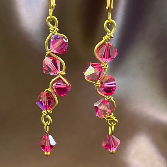 Fuchsia Pink Swarovski Crystal Golden Wire Wrap Dangle Earrings - Picture 1 of 4